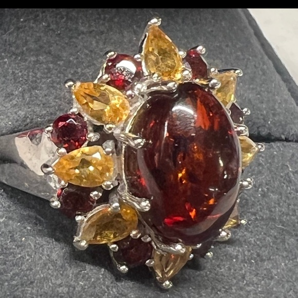 Vintage Baltic Amber Citrine & Garnet Sterling Silver Cocktail Ring - Picture 6 of 13